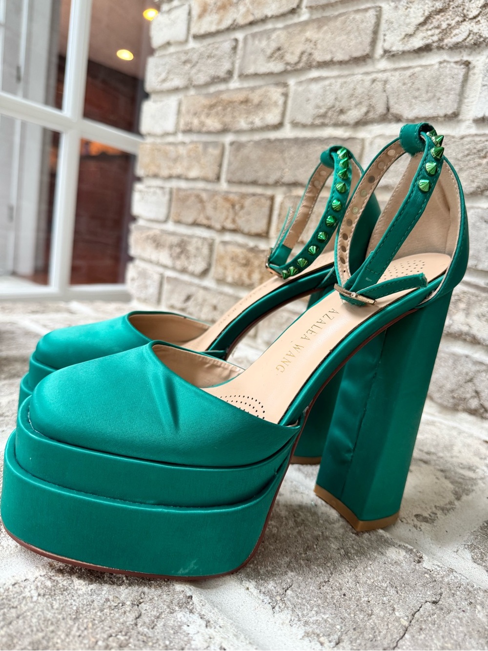 Azalea Wang Satin Emerald Platform Block Heel Sandals with Studded Ankle Strap